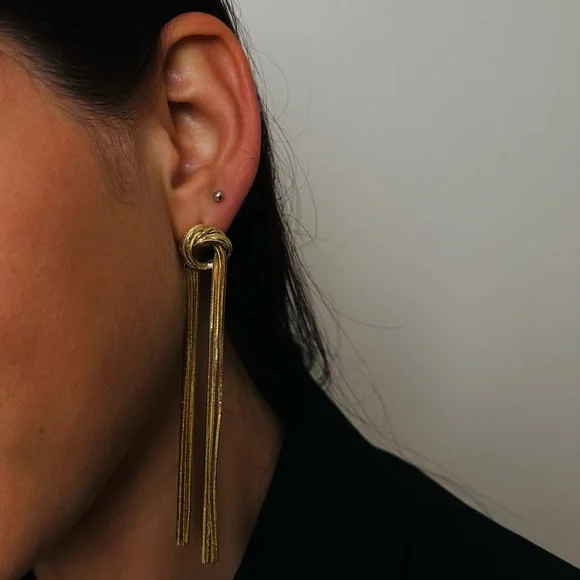 Gold Tassel Earrings Drop Dangle Knot Statement - Picture 4 of 6